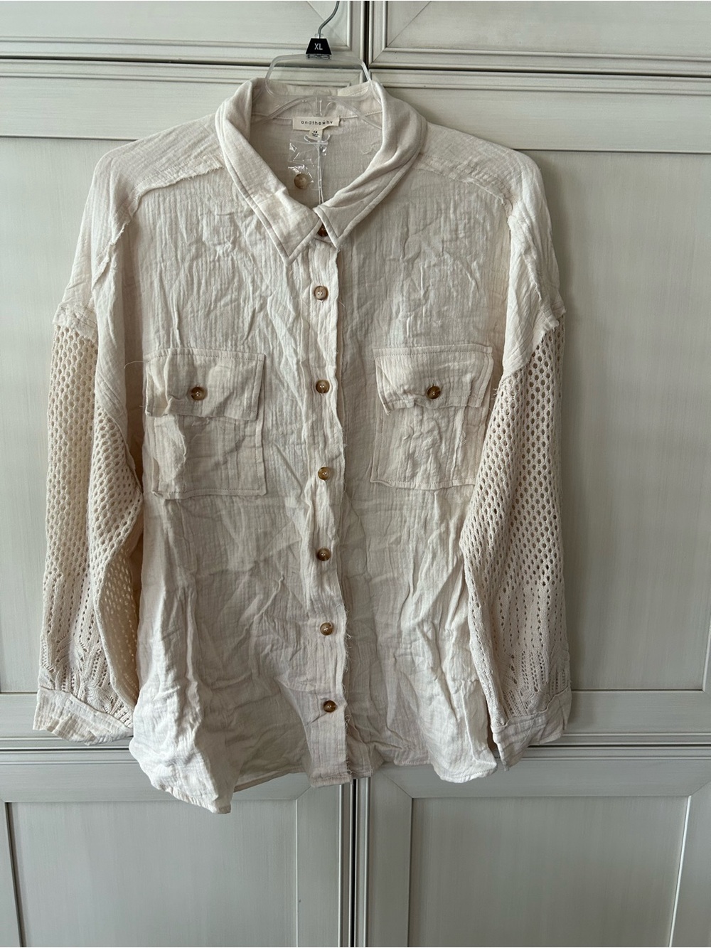 Light Cream Button-Front Shirt with Crochet Sleeves